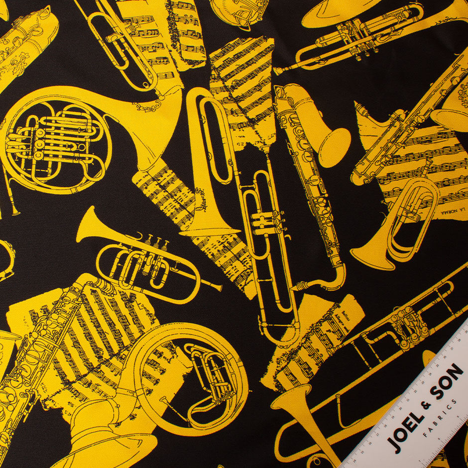 Yellow Musical Instruments Printed Black Silk Twill