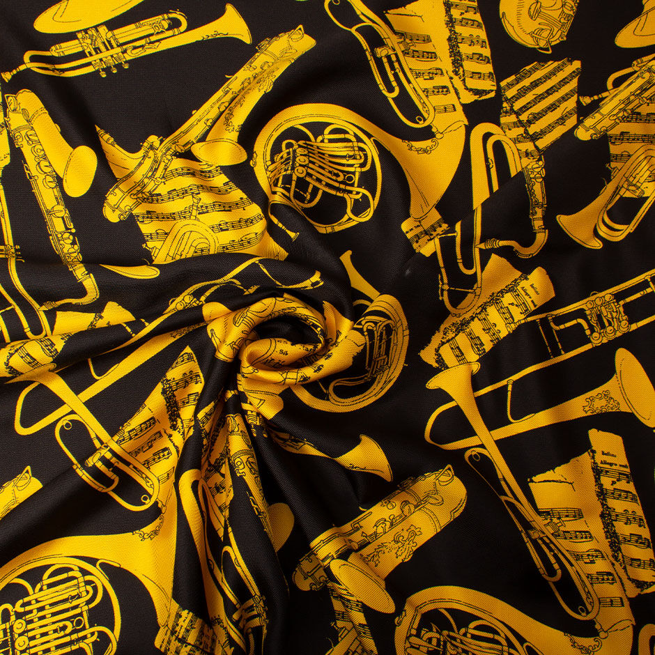 Yellow Musical Instruments Printed Black Silk Twill