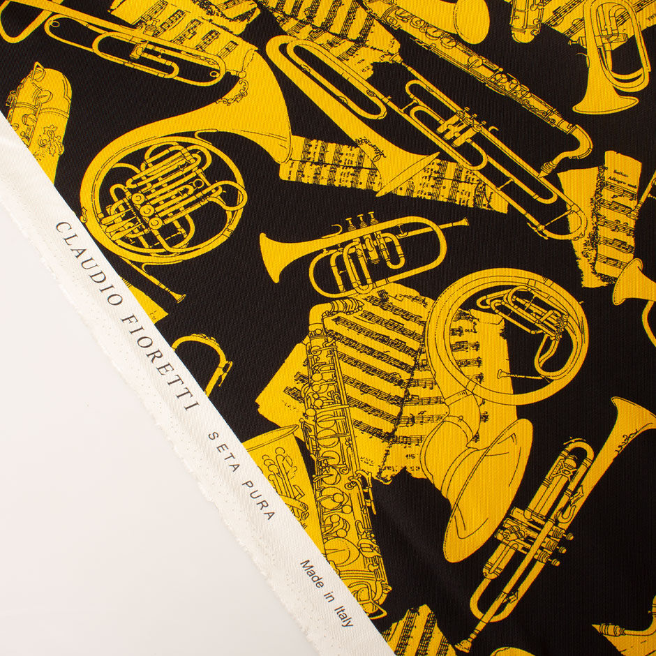 Yellow Musical Instruments Printed Black Silk Twill