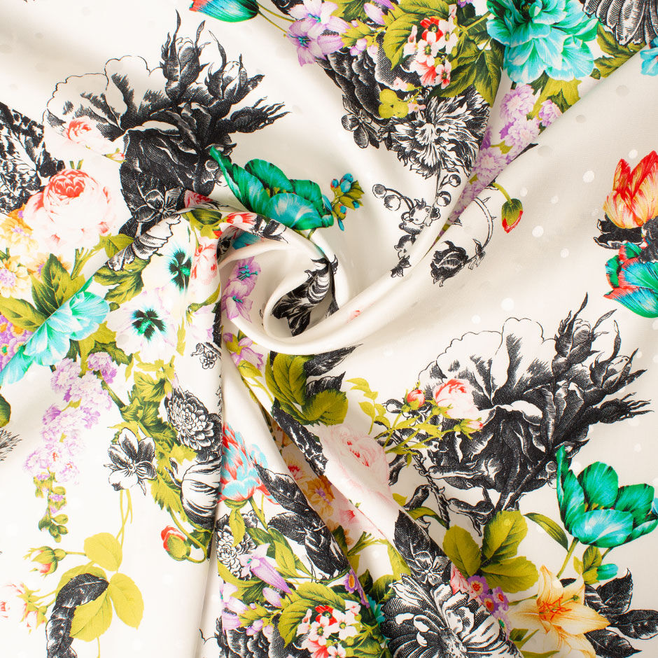 Multi-Coloured Floral White Pure Silk Jacquard (A 2.70m Piece)
