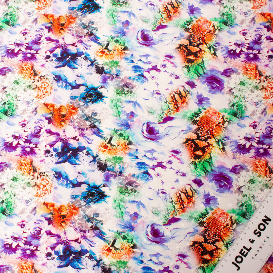 Blue Floral & Orange Snake Printed Silk Satin