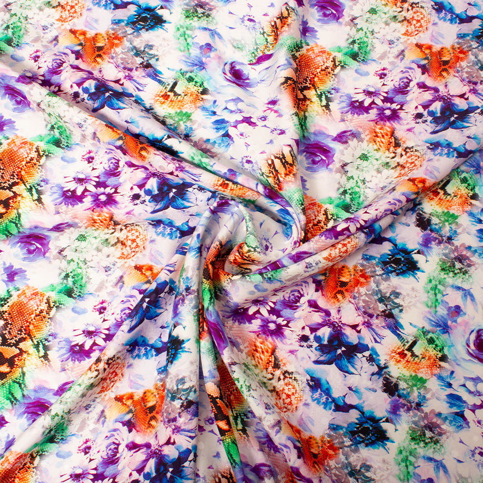 Blue Floral & Orange Snake Printed Silk Satin