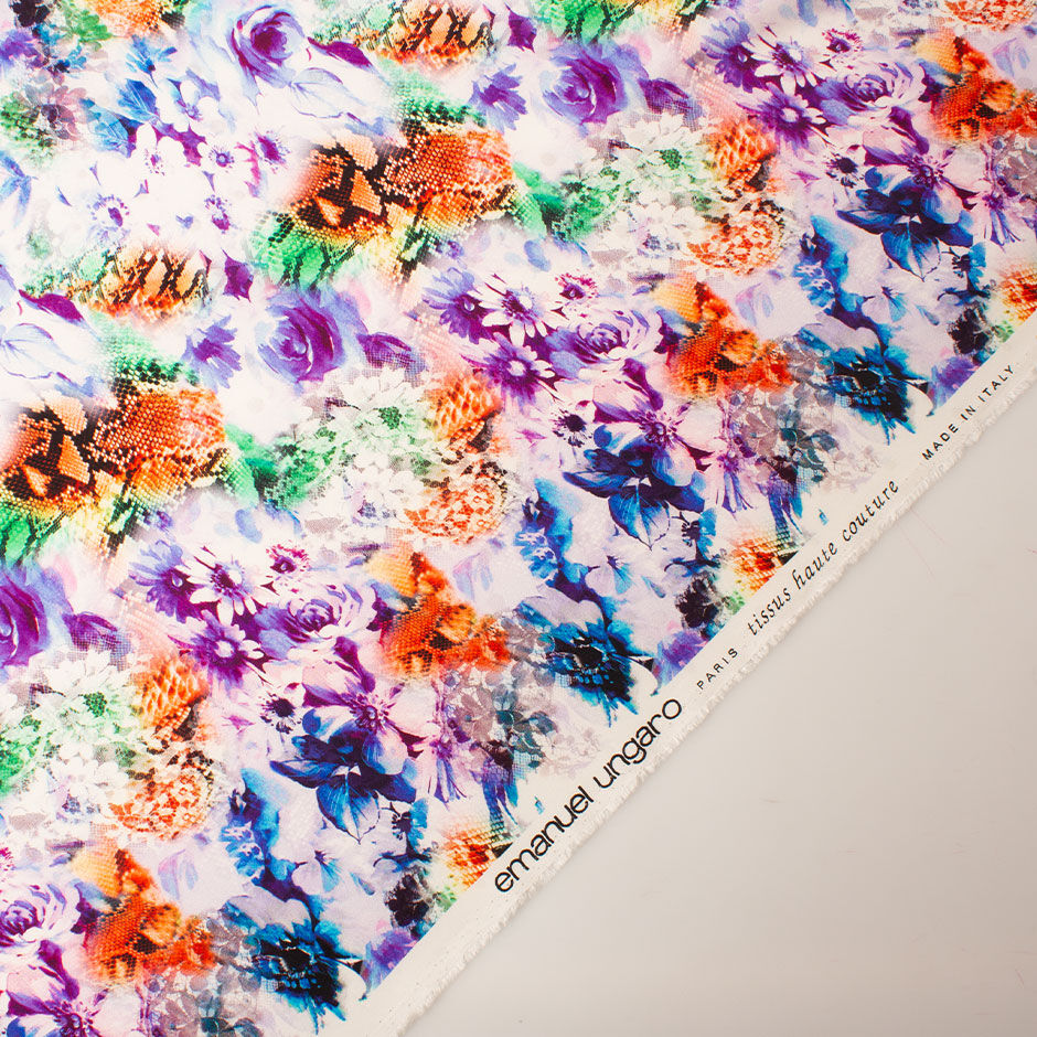 Blue Floral & Orange Snake Printed Silk Satin