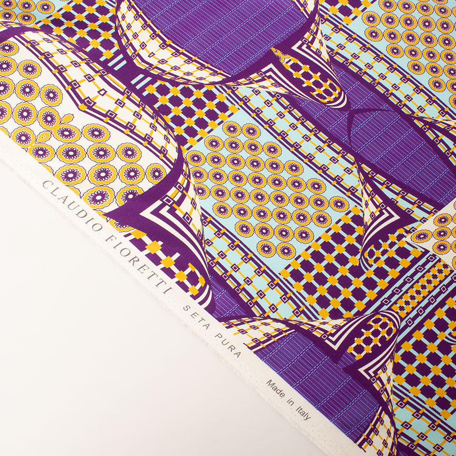 Purple & Yellow Geometric Printed Silk Twill (A 3.35m Piece)