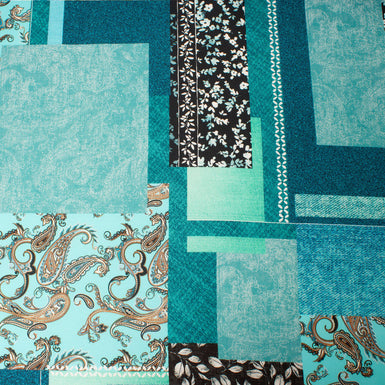 Turquoise Patchwork Printed Pure Silk Twill