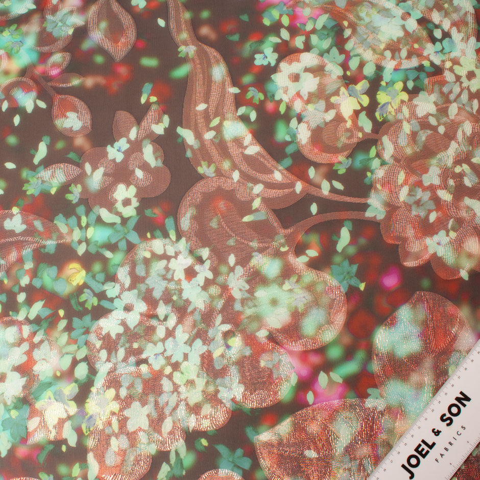 Floral Long Jet Printed Brown & Pink Metallic Silk Georgette