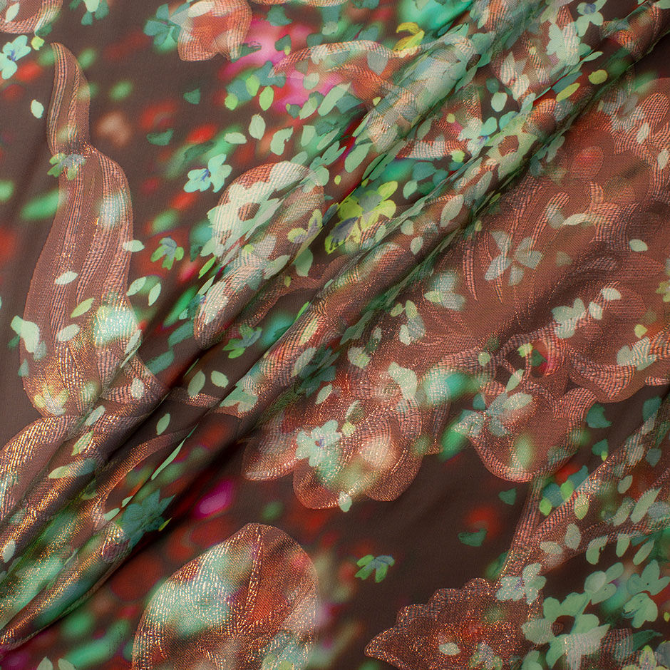 Floral Long Jet Printed Brown & Pink Metallic Silk Georgette