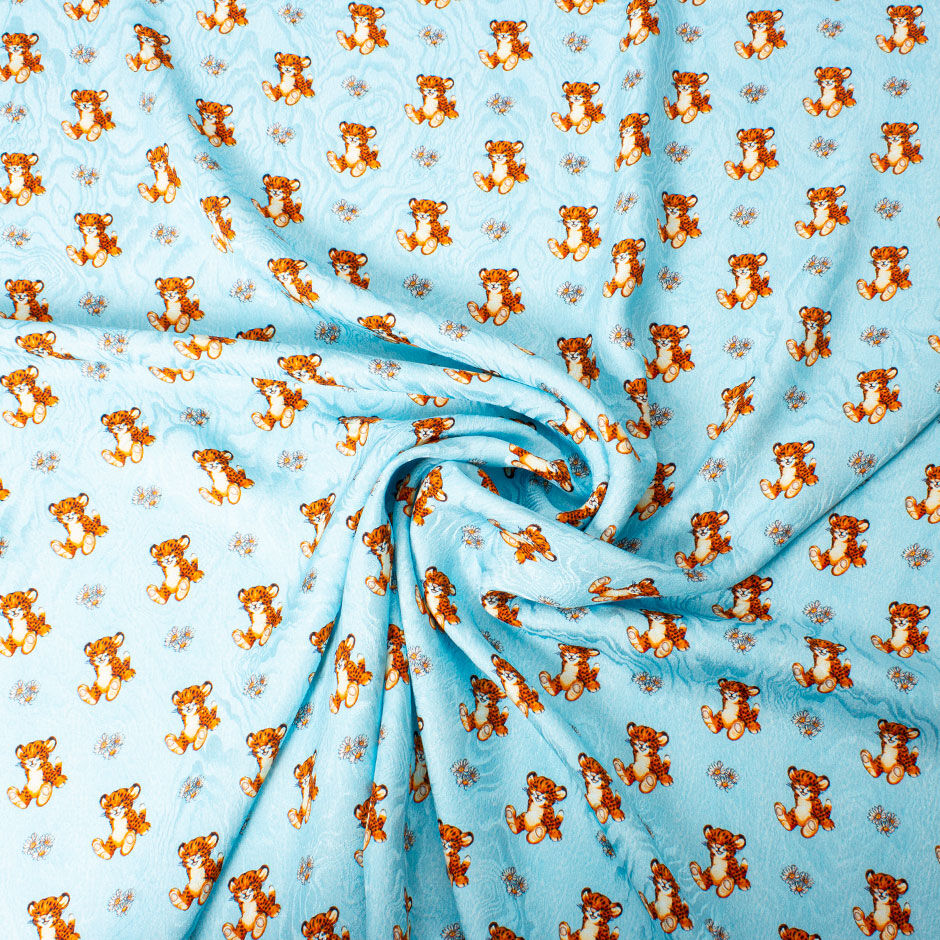 Tiger Cub Printed Blue Silk Jacquard (A 2.30m Piece)