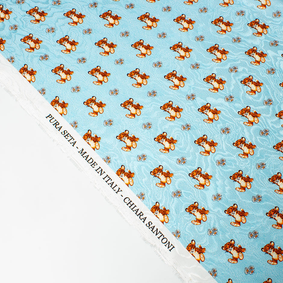 Tiger Cub Printed Blue Silk Jacquard (A 2.30m Piece)