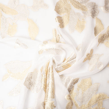 Gold Metallic Leaf White Silk Chiffon Jacquard