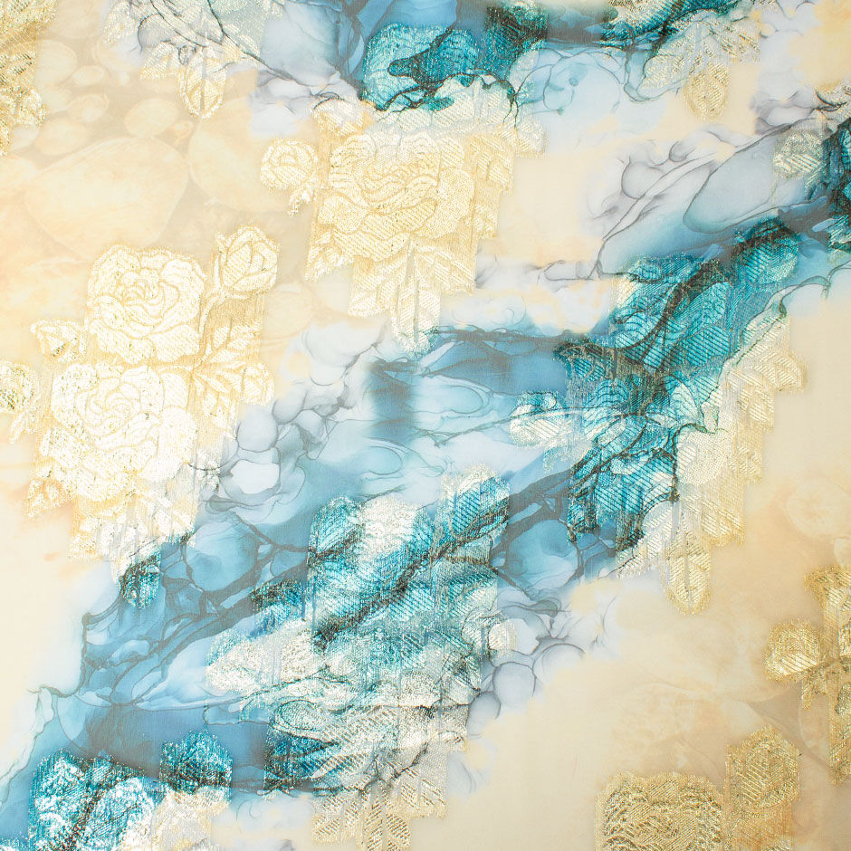 Deep Blue & Yellow Floral Lamé Chiffon