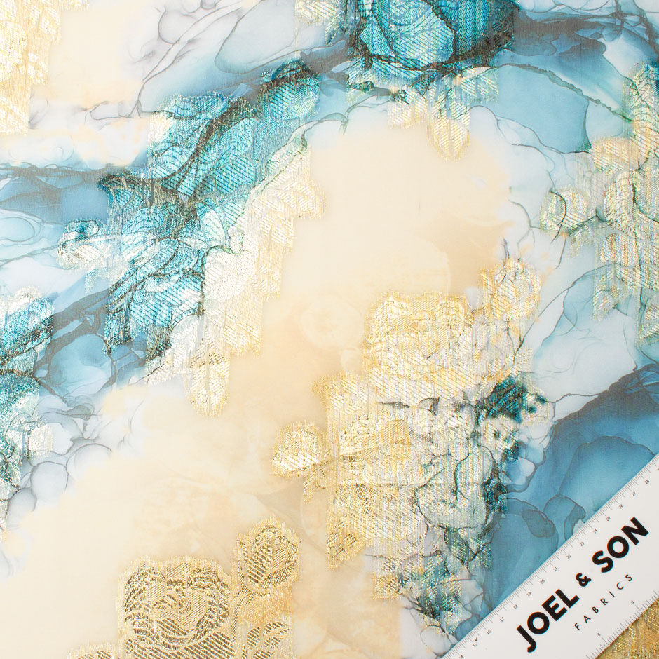 Deep Blue & Yellow Floral Lamé Chiffon