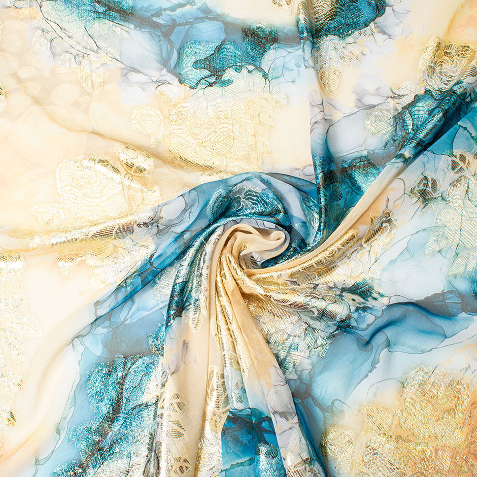 Deep Blue & Yellow Floral Lamé Chiffon