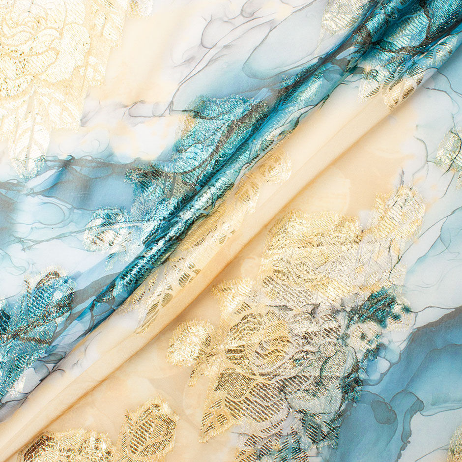 Deep Blue & Yellow Floral Lamé Chiffon