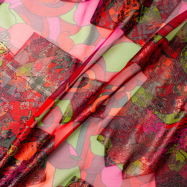 Red & Multi-Coloured Floral Lamé Silk Chiffon Jacquard