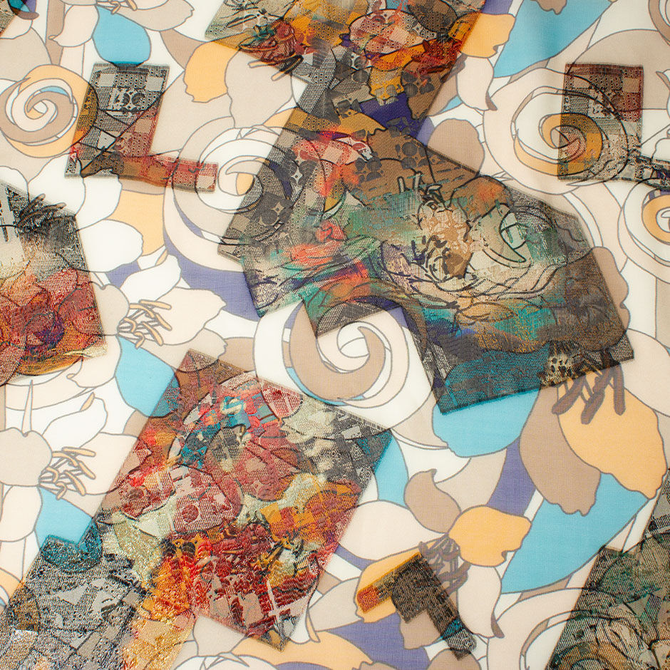 Brown, Blue & Beige Abstract Floral Silk Lamé Chiffon