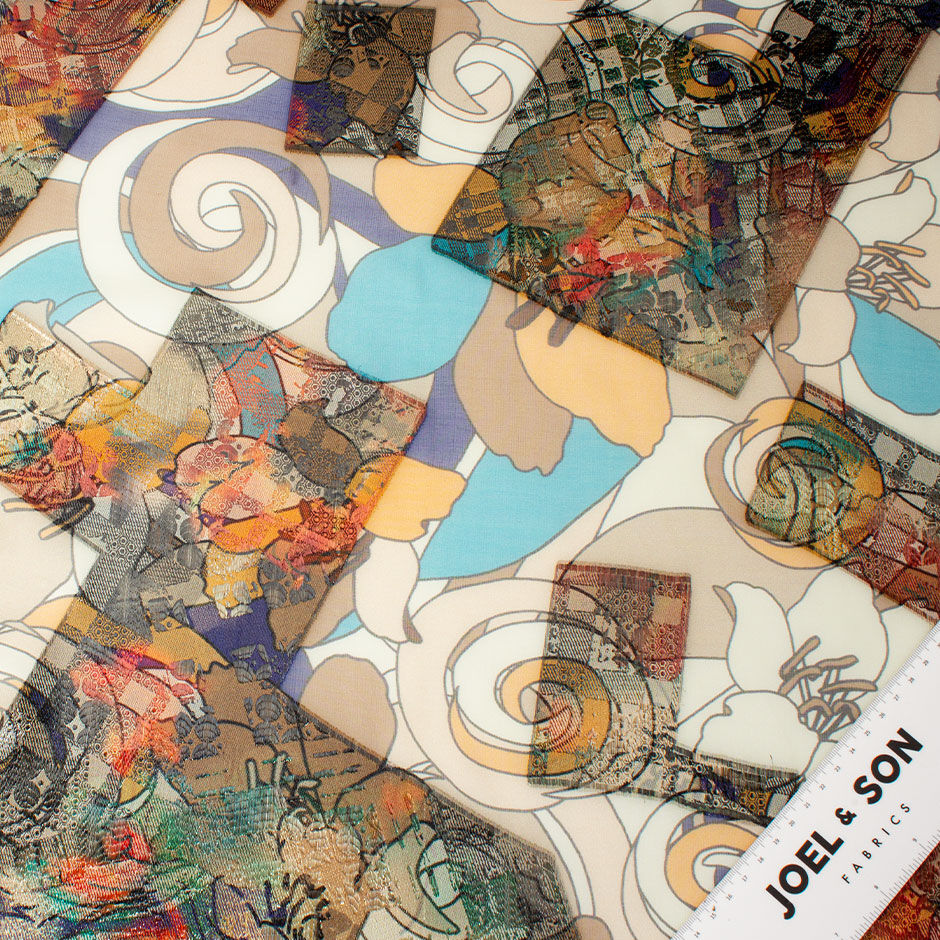 Brown, Blue & Beige Abstract Floral Silk Lamé Chiffon