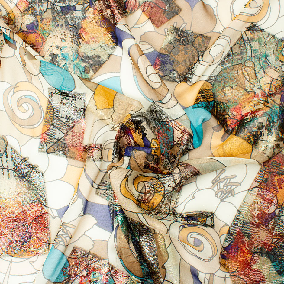 Brown, Blue & Beige Abstract Floral Silk Lamé Chiffon