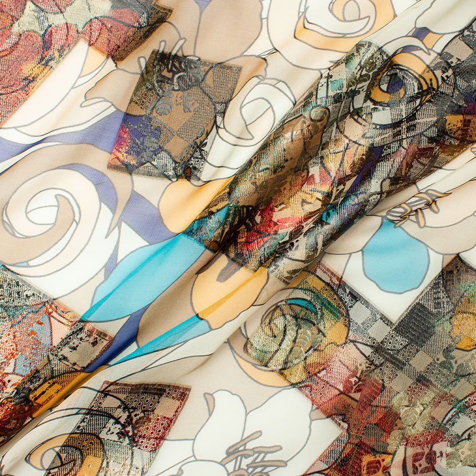 Brown, Blue & Beige Abstract Floral Silk Lamé Chiffon