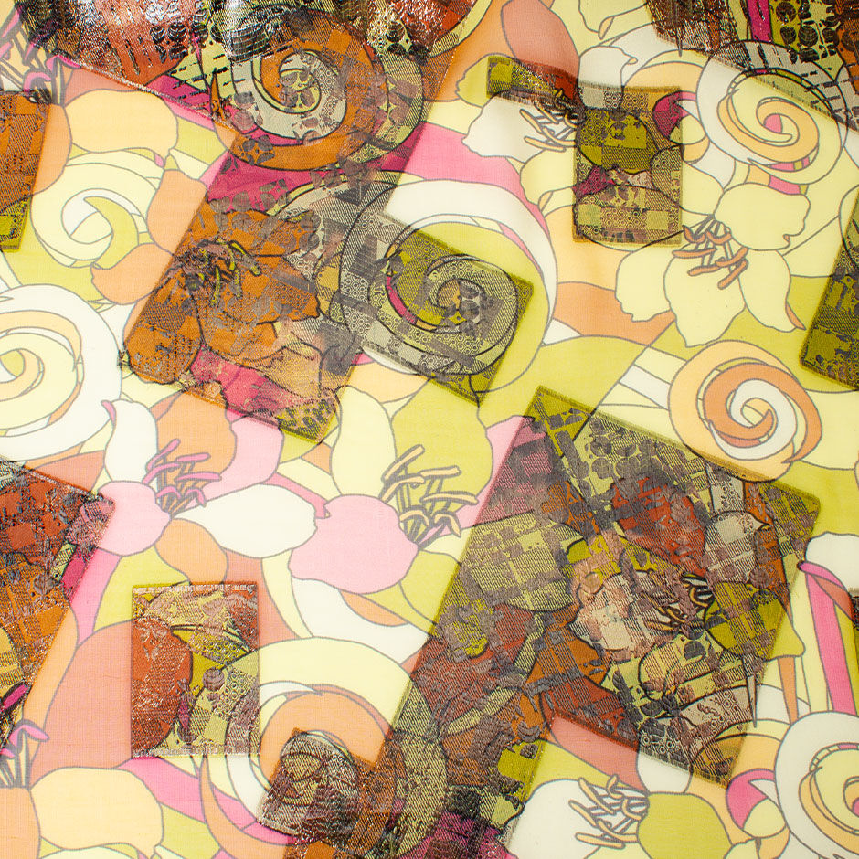 Yellow & Deep Orange Floral Lamé Silk Chiffon