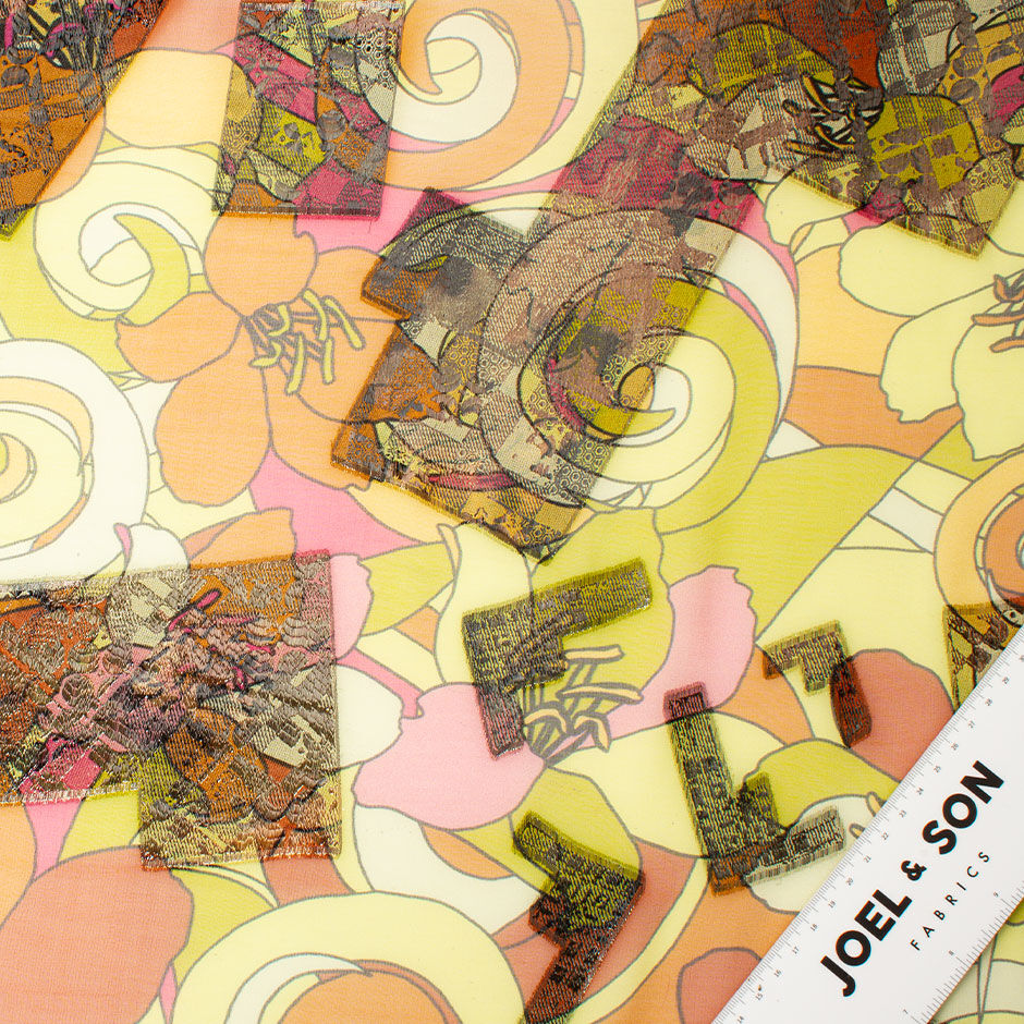Yellow & Deep Orange Floral Lamé Silk Chiffon
