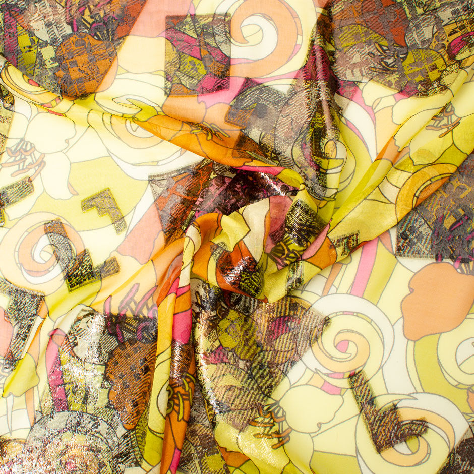 Yellow & Deep Orange Floral Lamé Silk Chiffon