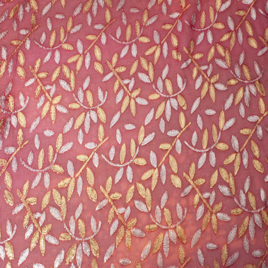 Deep Red Gold & Silver Metallic Leaf Silk Chiffon