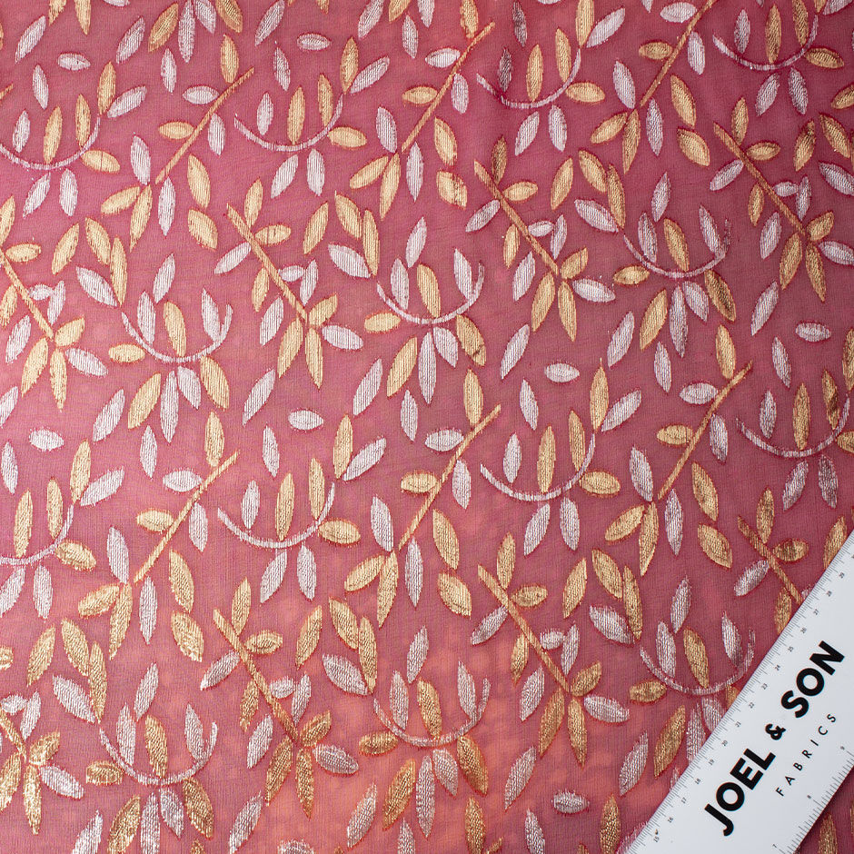 Deep Red Gold & Silver Metallic Leaf Silk Chiffon