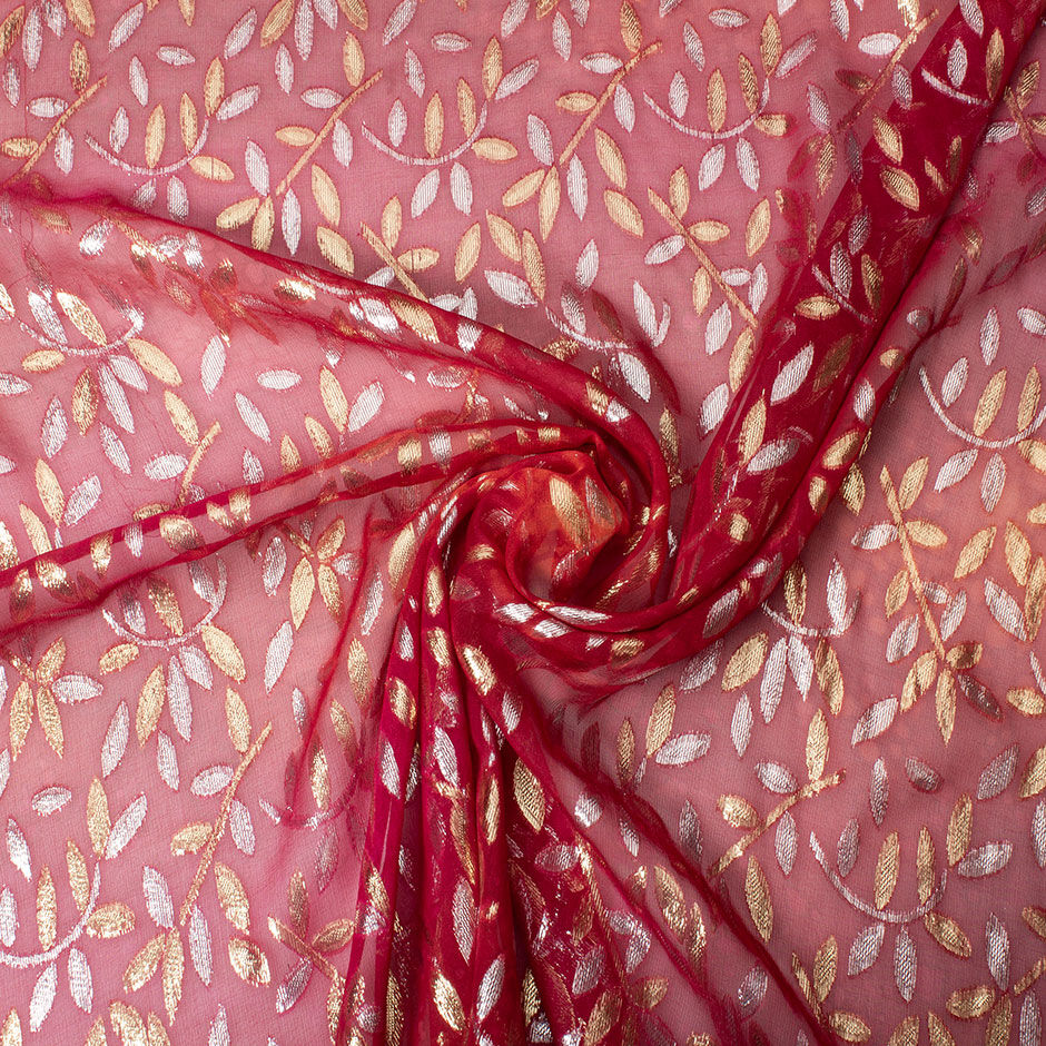 Deep Red Gold & Silver Metallic Leaf Silk Chiffon