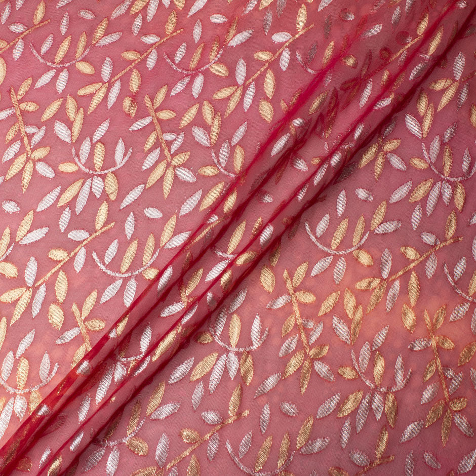 Red Gold & Silver Metallic Leaf Silk Chiffon | Sheer Fabric