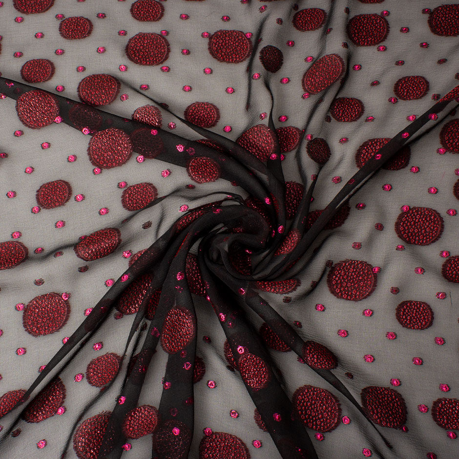 Red & Pink Metallic Black Silk Chiffon