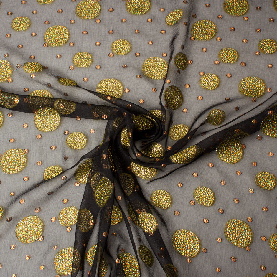 Gold Metallic Spotted Black Silk Chiffon
