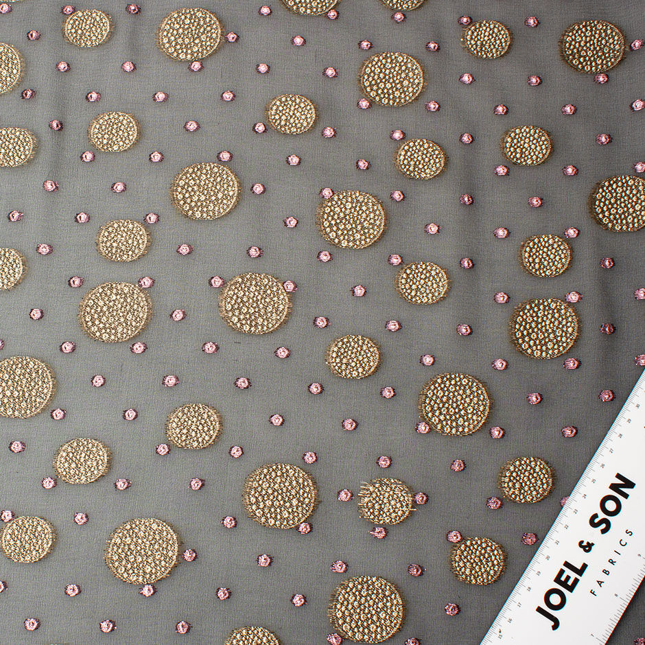 Gold & Pink Metallic Spotted Black Silk Chiffon