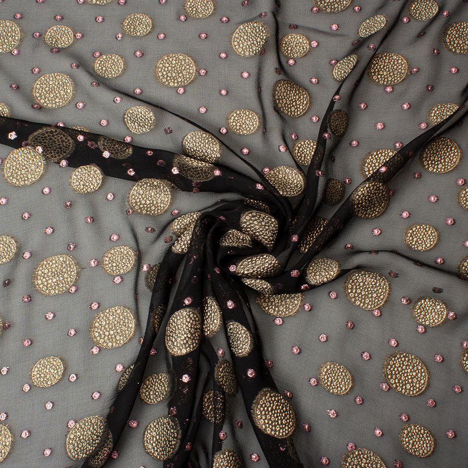 Gold & Pink Metallic Spotted Black Silk Chiffon