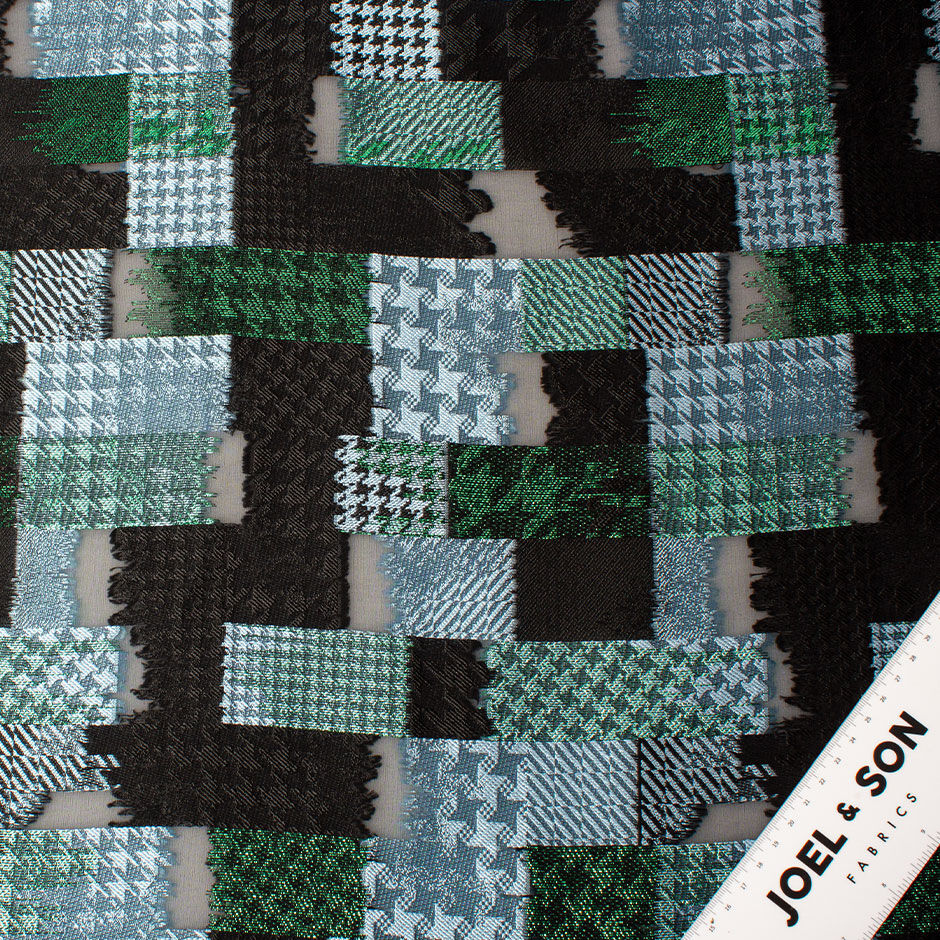 Blue, Black & Green Metallic Houndstooth Silk Chiffon