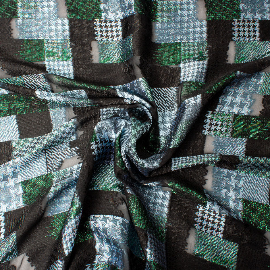 Blue, Black & Green Metallic Houndstooth Silk Chiffon