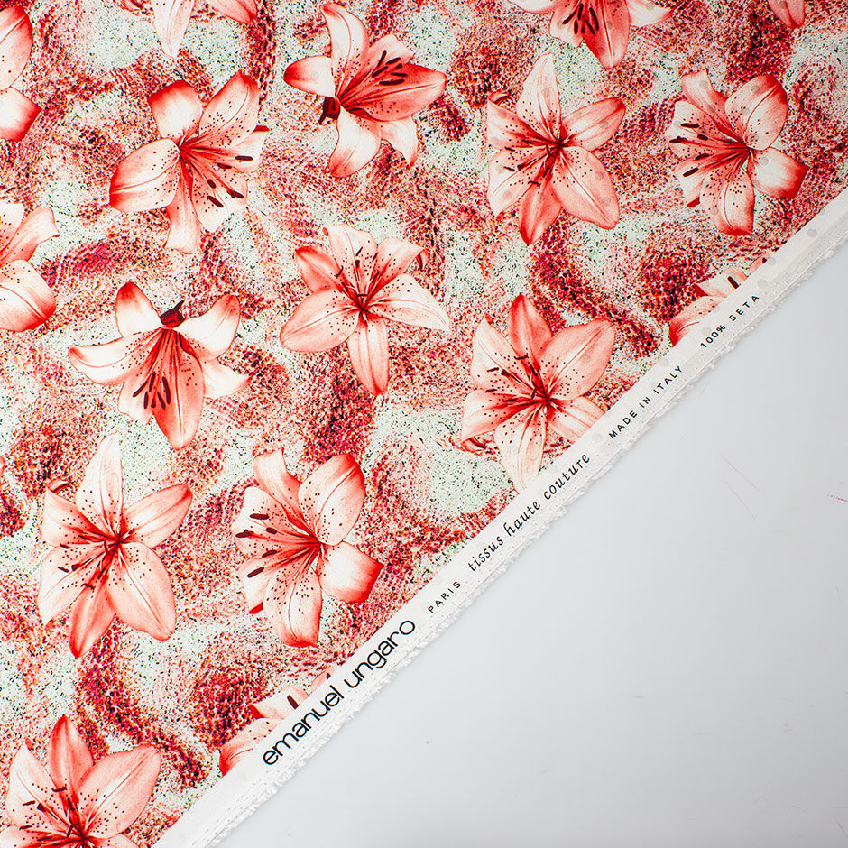 Soft Red Floral Printed Pale Mint Silk Jacquard