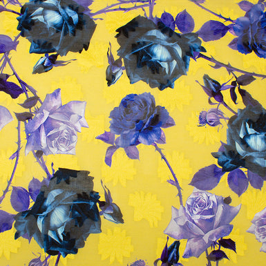 Blue & Purple Rose Printed Yellow Cotton Voile Jacquard