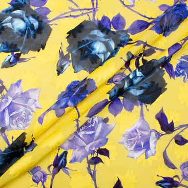 Blue & Purple Rose Printed Yellow Cotton Voile Jacquard