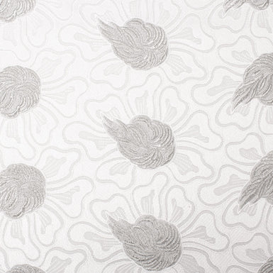 Silver Metallic Leaf Embroidered White Cotton