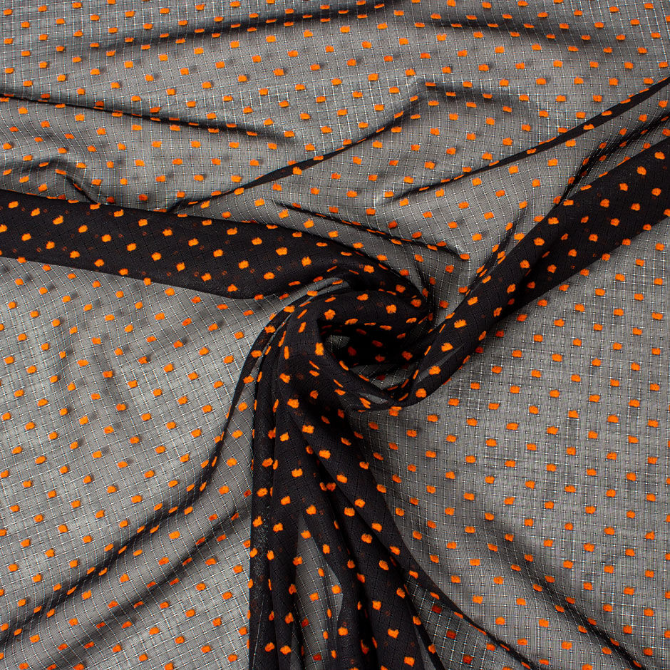 Orange Spotted Black Cotton Voile Jacquard
