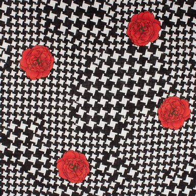 Red Floral Printed Black & White Dogtooth Linen