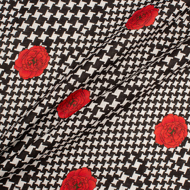 Red Floral Printed Black & White Dogtooth Linen