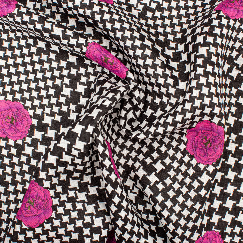 Magenta Floral Printed Black & White Dogtooth Linen