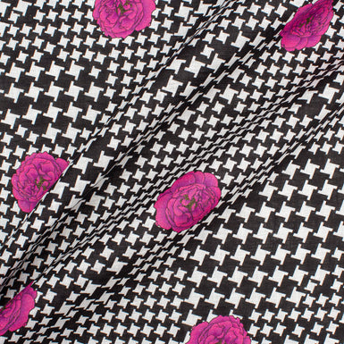 Magenta Floral Printed Black & White Dogtooth Linen
