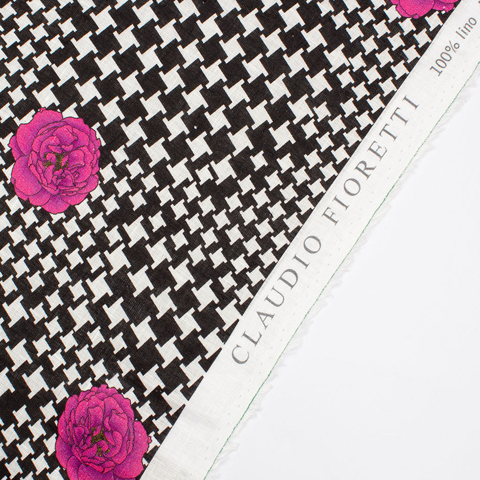 Magenta Floral Printed Black & White Dogtooth Linen