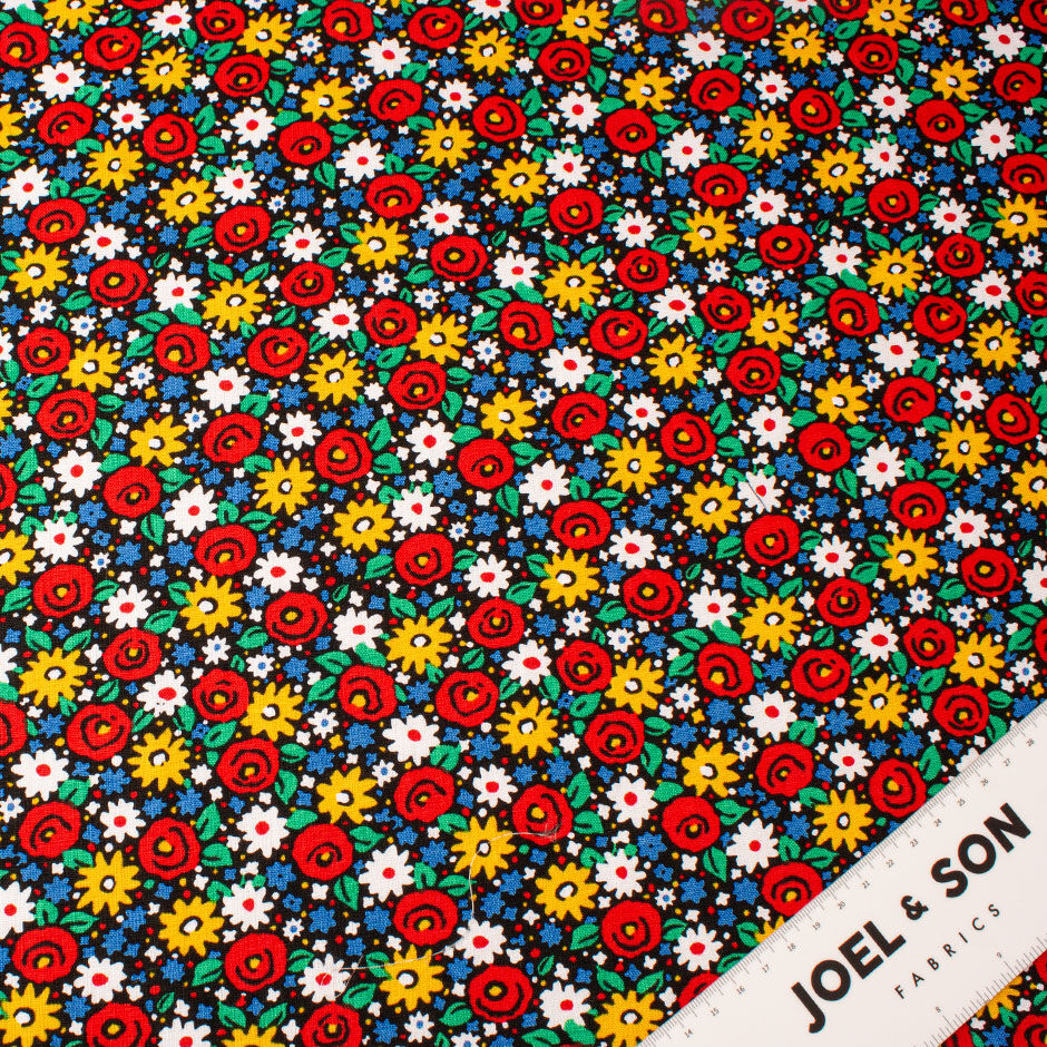 Bright Floral Printed Medium Weight Black Linen
