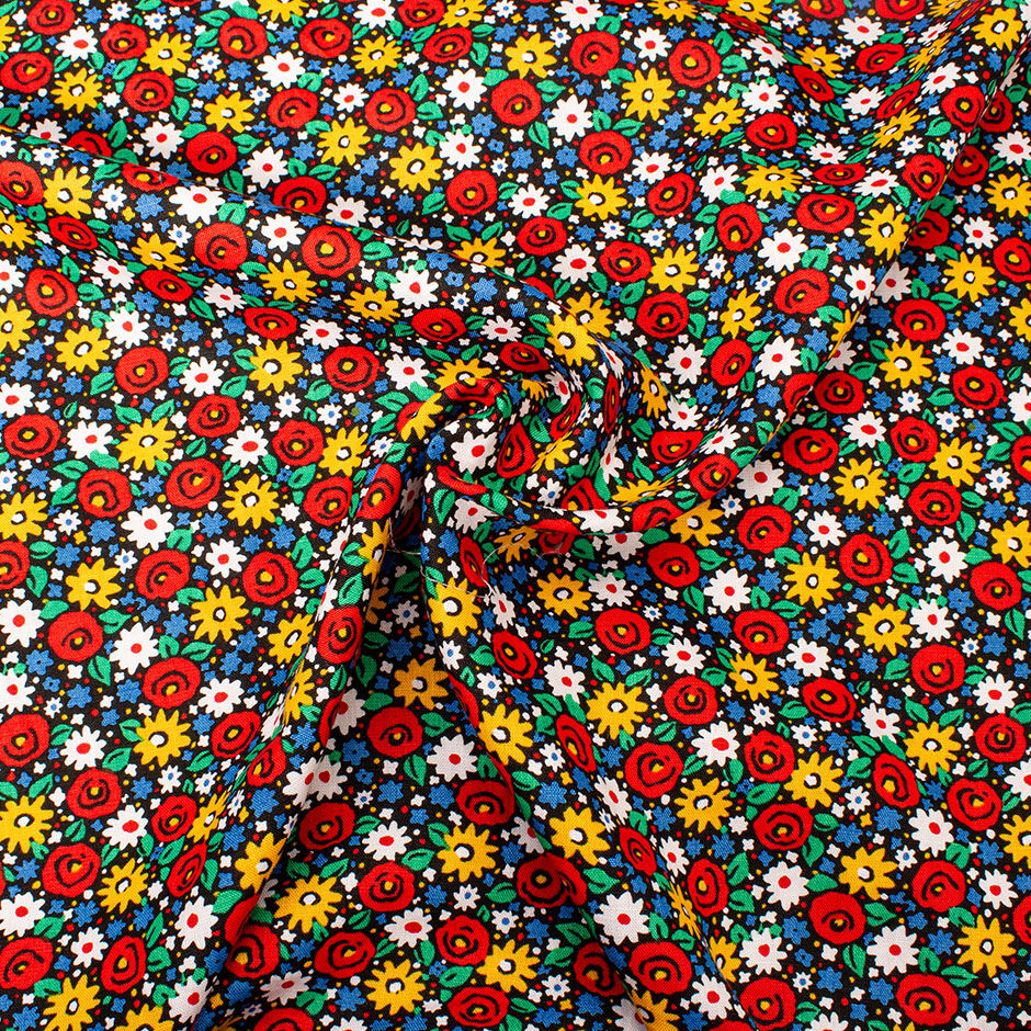 Bright Floral Printed Medium Weight Black Linen