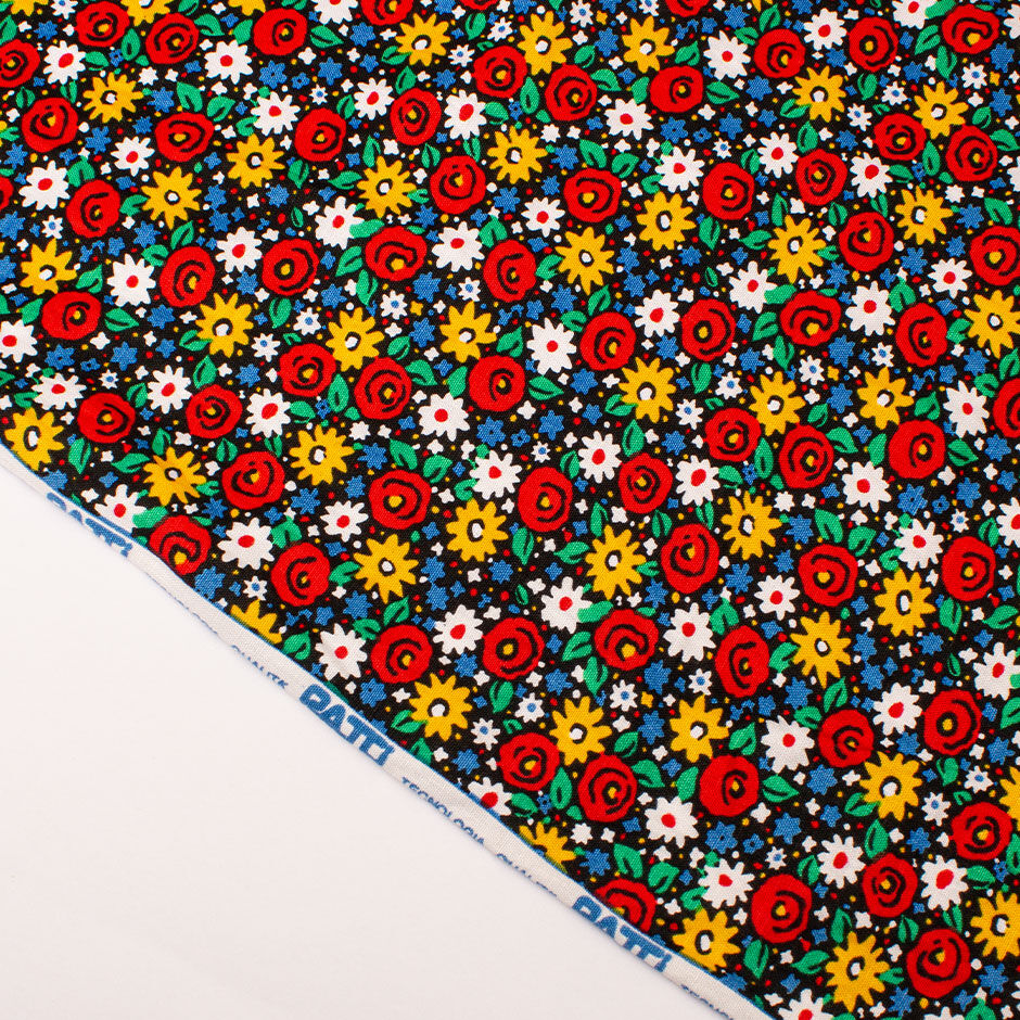 Bright Floral Printed Medium Weight Black Linen