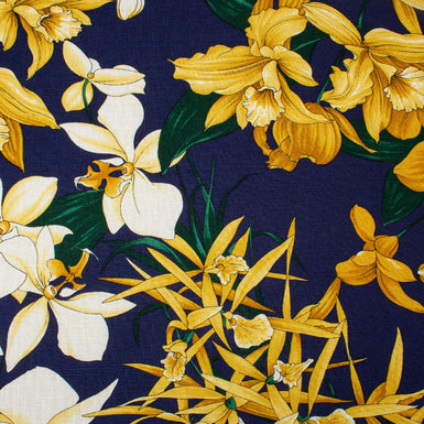 Bold Yellow Floral Printed Deep Blue Linen